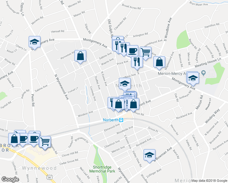map of restaurants, bars, coffee shops, grocery stores, and more near 218 Forrest Avenue in Narberth