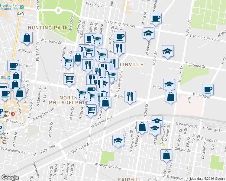 map of restaurants, bars, coffee shops, grocery stores, and more near 3715 North 5th Street in Philadelphia