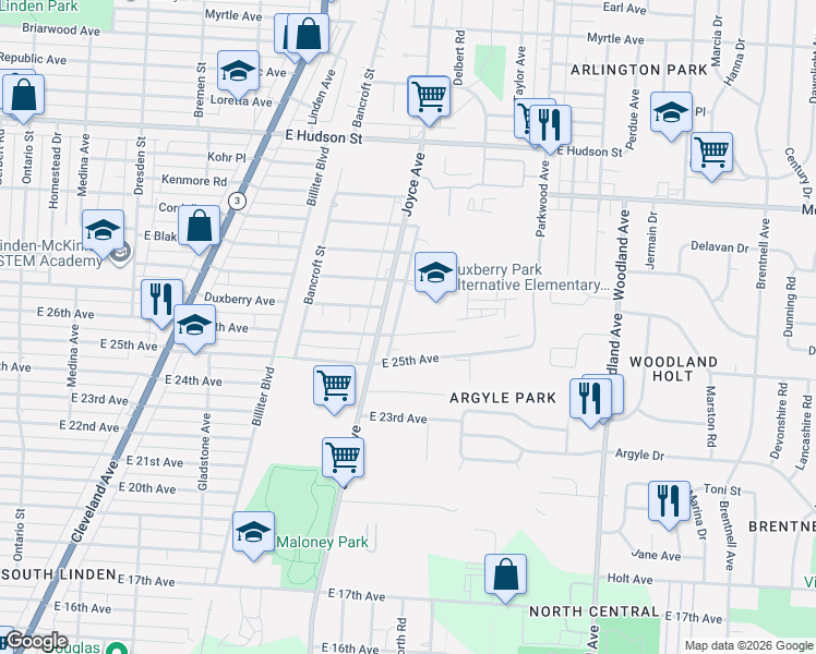 map of restaurants, bars, coffee shops, grocery stores, and more near 1746 East 26th Avenue in Columbus