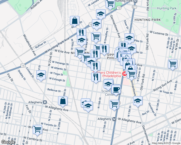 map of restaurants, bars, coffee shops, grocery stores, and more near 1725 West Atlantic Street in Philadelphia