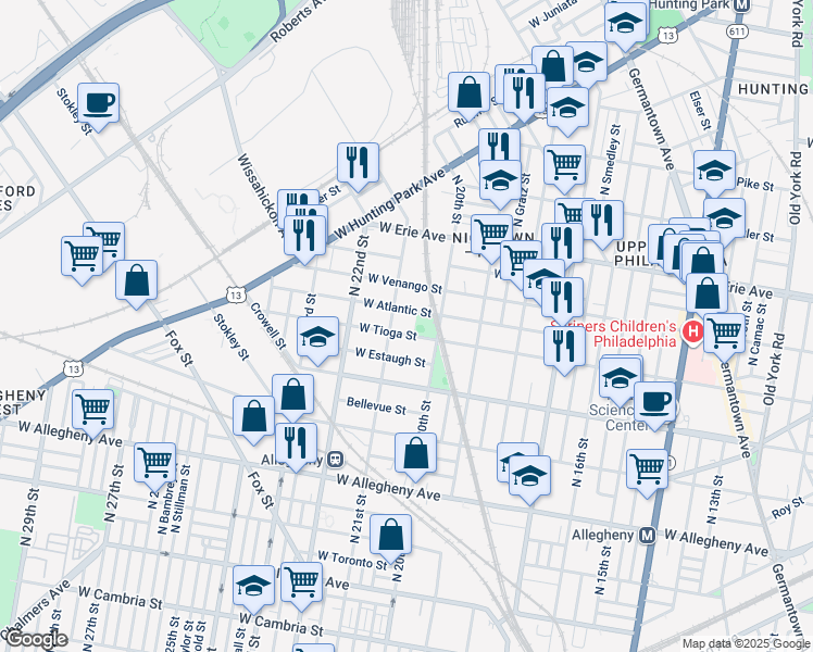 map of restaurants, bars, coffee shops, grocery stores, and more near 2035 West Tioga Street in Philadelphia