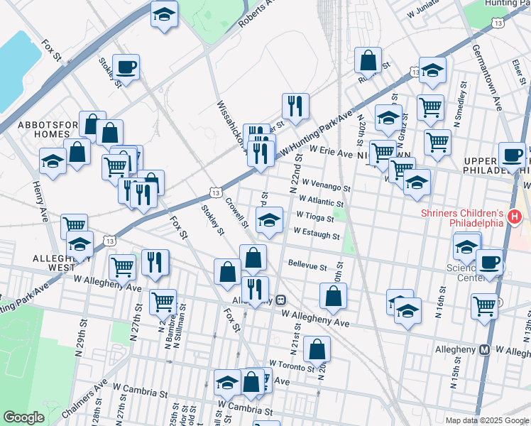 map of restaurants, bars, coffee shops, grocery stores, and more near 2230 West Tioga Street in Philadelphia