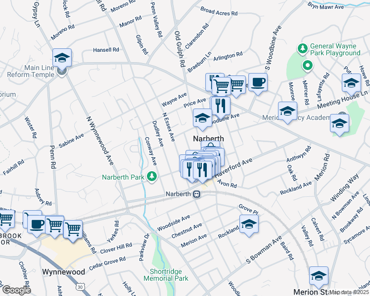 map of restaurants, bars, coffee shops, grocery stores, and more near 218 Forrest Avenue in Narberth