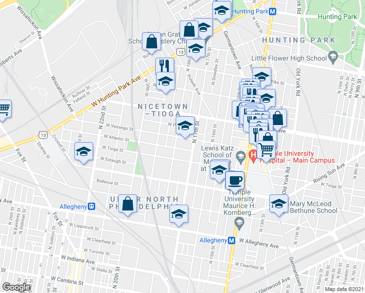 map of restaurants, bars, coffee shops, grocery stores, and more near 1727 West Atlantic Street in Philadelphia