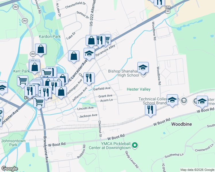map of restaurants, bars, coffee shops, grocery stores, and more near 234 Whiteland Avenue in Downingtown