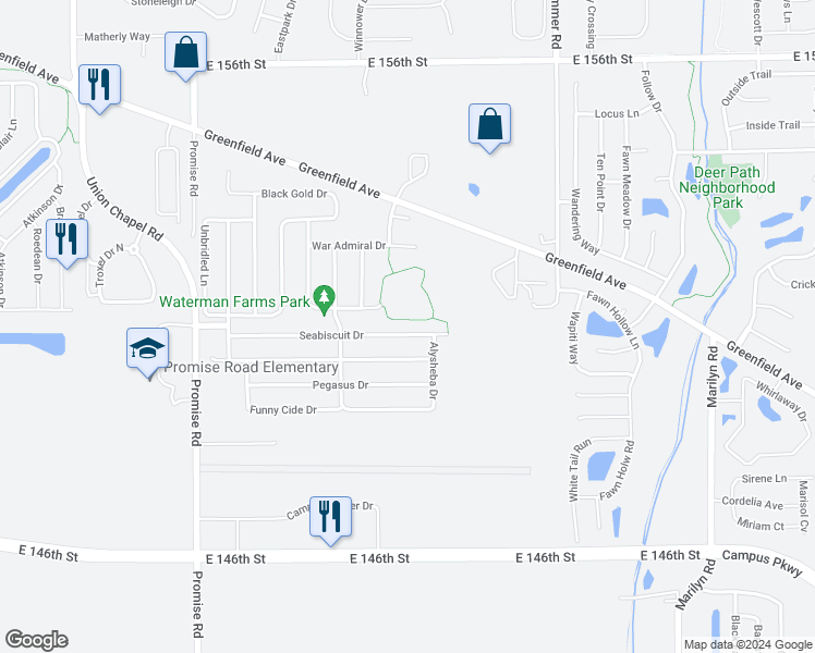 map of restaurants, bars, coffee shops, grocery stores, and more near 11504 Seabiscuit Drive in Noblesville