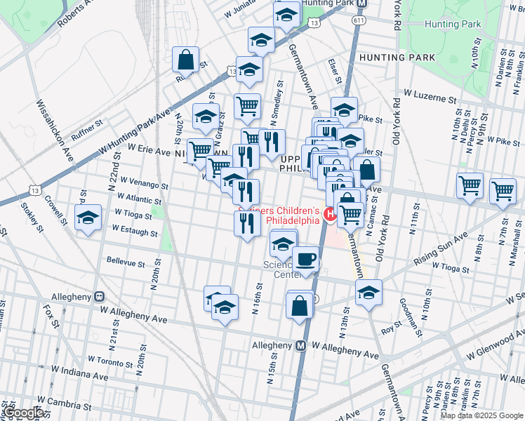 map of restaurants, bars, coffee shops, grocery stores, and more near 3545 North Smedley Street in Philadelphia