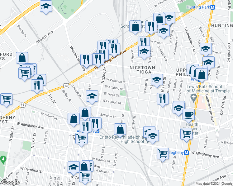 map of restaurants, bars, coffee shops, grocery stores, and more near 2041 West Tioga Street in Philadelphia