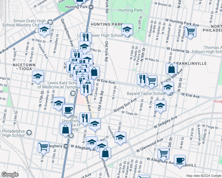 map of restaurants, bars, coffee shops, grocery stores, and more near 3635 North Marvine Street in Philadelphia