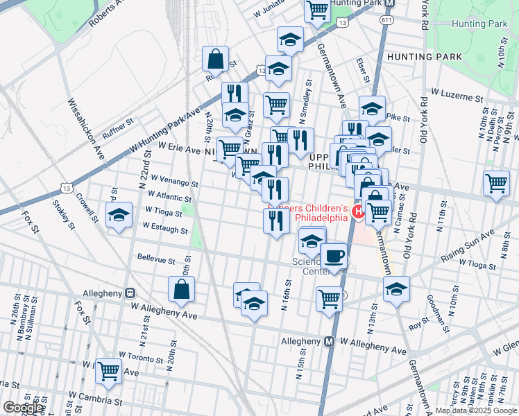map of restaurants, bars, coffee shops, grocery stores, and more near 1727 West Atlantic Street in Philadelphia