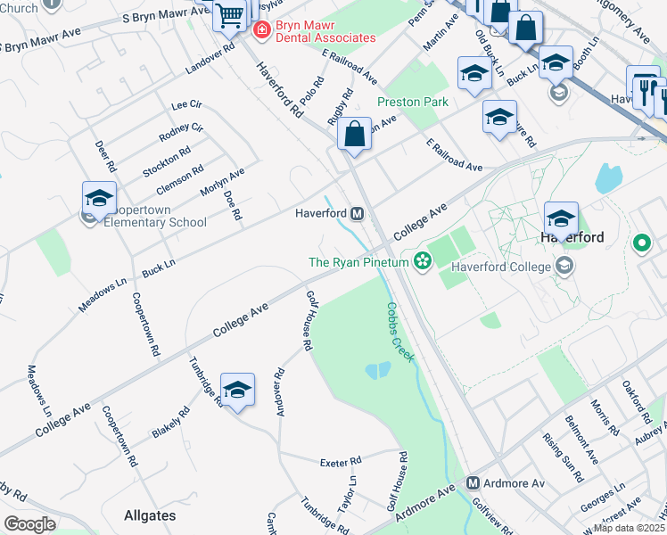 map of restaurants, bars, coffee shops, grocery stores, and more near 7 Spring Mill Lane in Haverford