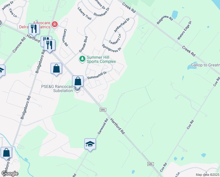 map of restaurants, bars, coffee shops, grocery stores, and more near Millers Run in Delran