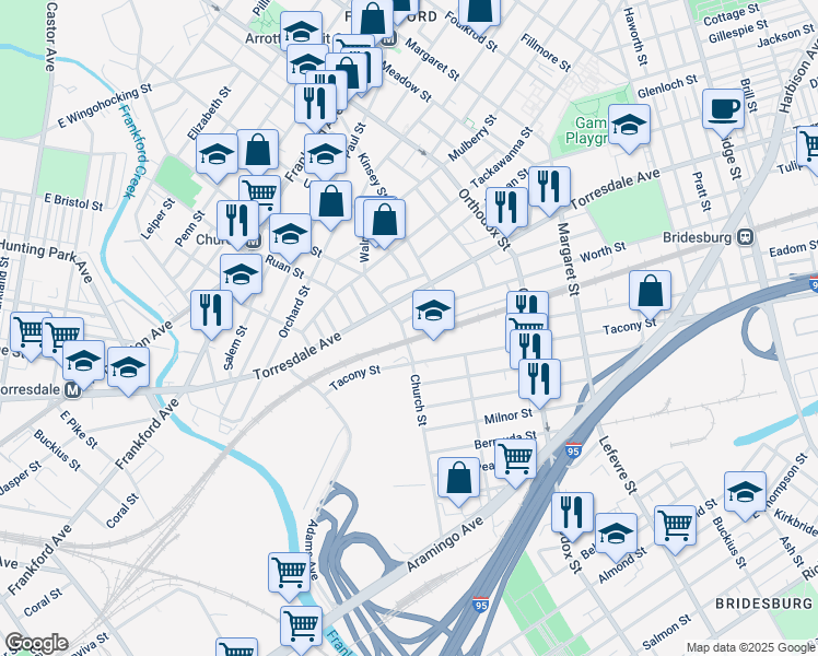 map of restaurants, bars, coffee shops, grocery stores, and more near 2151 Church Street in Philadelphia