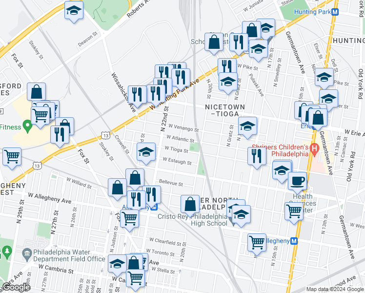 map of restaurants, bars, coffee shops, grocery stores, and more near 2047 West Tioga Street in Philadelphia