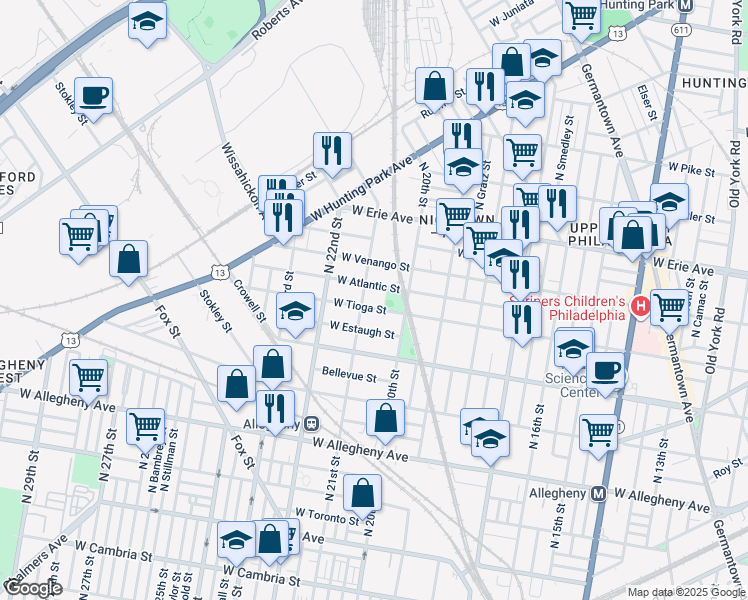 map of restaurants, bars, coffee shops, grocery stores, and more near 2041 West Tioga Street in Philadelphia