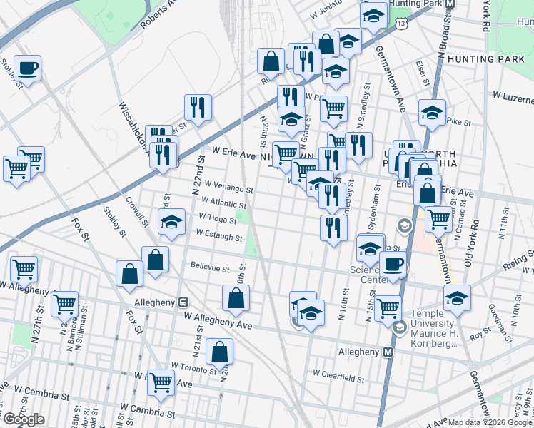 map of restaurants, bars, coffee shops, grocery stores, and more near 1908 West Atlantic Street in Philadelphia