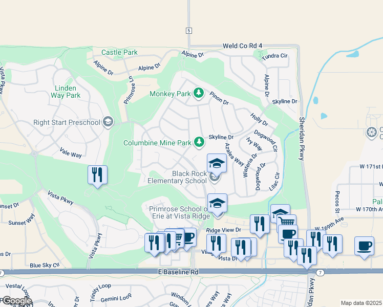 map of restaurants, bars, coffee shops, grocery stores, and more near 1926 Skyline Drive in Erie