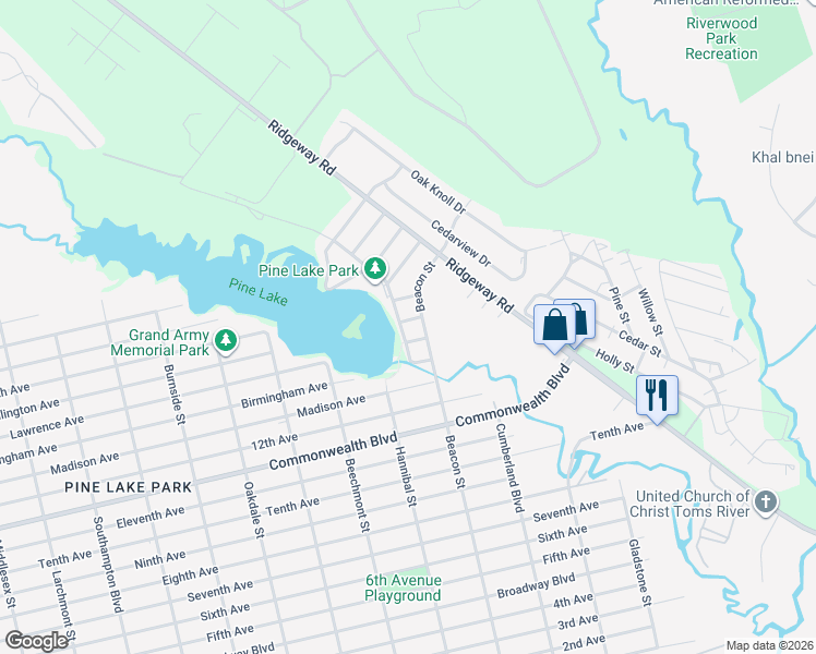 map of restaurants, bars, coffee shops, grocery stores, and more near 1832 Wellington Place in Toms River