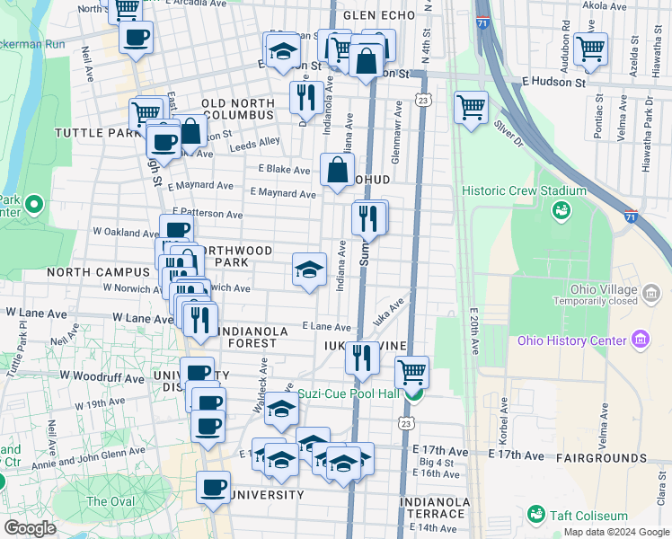 map of restaurants, bars, coffee shops, grocery stores, and more near in Columbus
