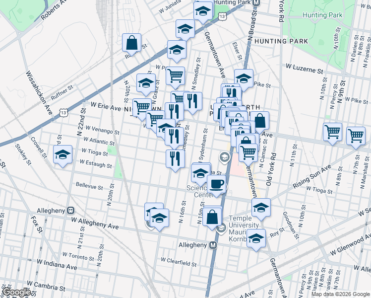 map of restaurants, bars, coffee shops, grocery stores, and more near 1630 West Venango Street in Philadelphia