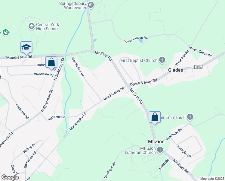 map of restaurants, bars, coffee shops, grocery stores, and more near 3103 Druck Valley Road in York