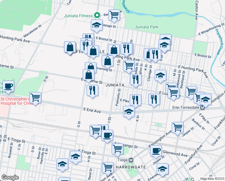 map of restaurants, bars, coffee shops, grocery stores, and more near 3924 I Street in Philadelphia