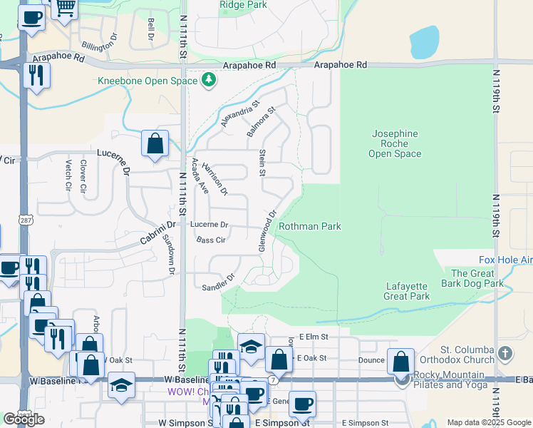 map of restaurants, bars, coffee shops, grocery stores, and more near 304 Biscayne Court in Lafayette