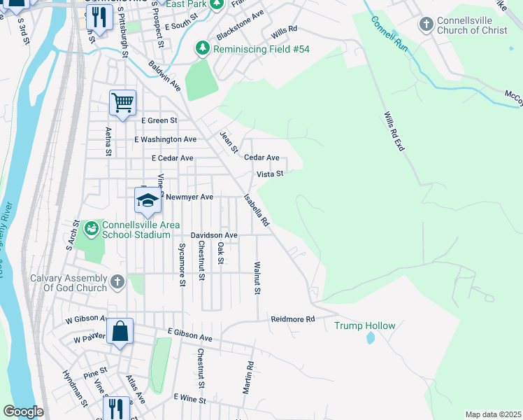 map of restaurants, bars, coffee shops, grocery stores, and more near 1025 Isabella Road in Connellsville