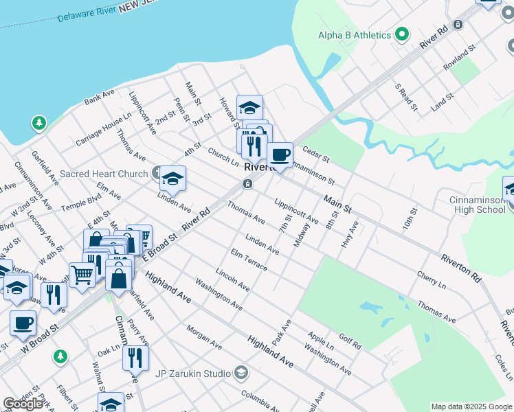 map of restaurants, bars, coffee shops, grocery stores, and more near 614 Lippincott Avenue in Riverton
