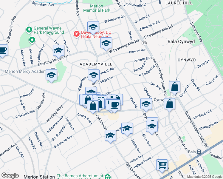 map of restaurants, bars, coffee shops, grocery stores, and more near 361 Bala Avenue in Bala Cynwyd