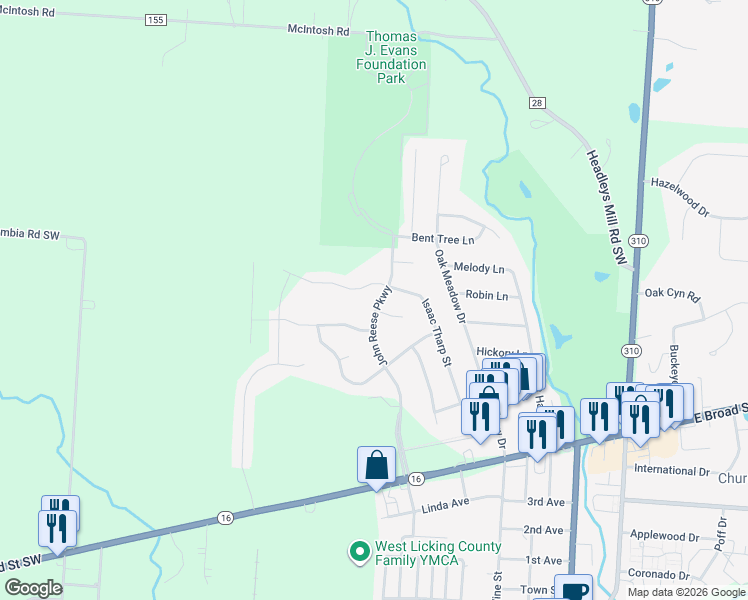 map of restaurants, bars, coffee shops, grocery stores, and more near 253 John Reese Parkway in Pataskala