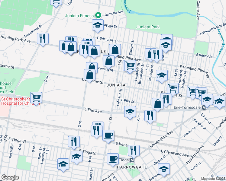 map of restaurants, bars, coffee shops, grocery stores, and more near 3924 I Street in Philadelphia