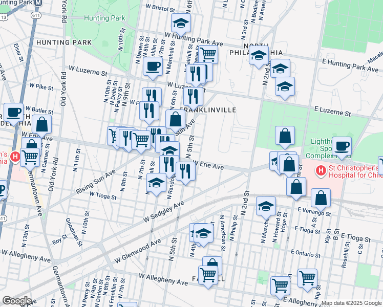 map of restaurants, bars, coffee shops, grocery stores, and more near 3717 North 5th Street in Philadelphia