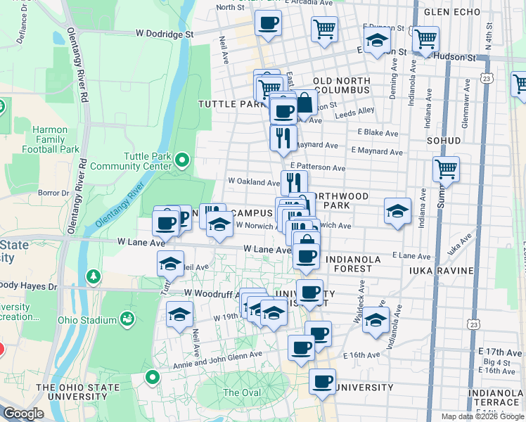 map of restaurants, bars, coffee shops, grocery stores, and more near 63 West Northwood Avenue in Columbus