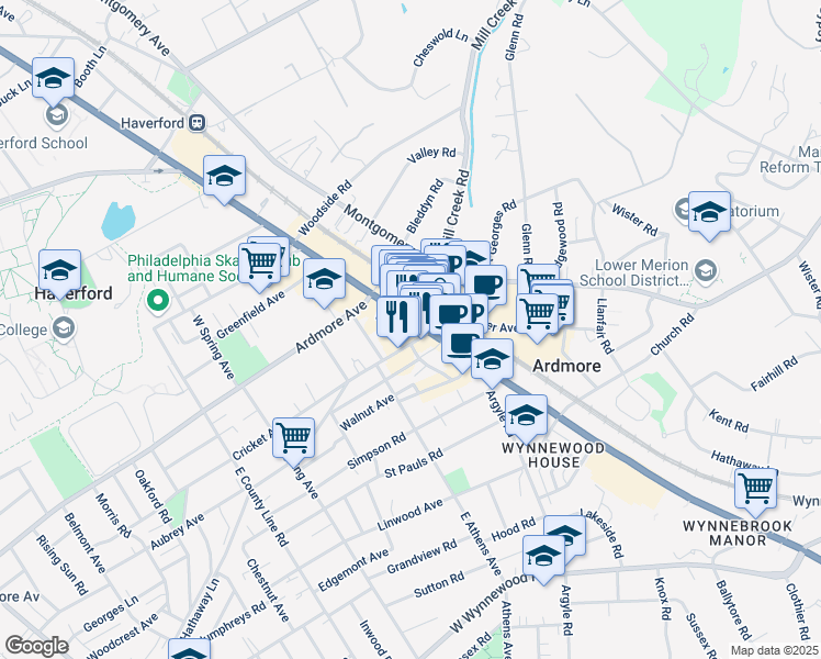map of restaurants, bars, coffee shops, grocery stores, and more near 12 Lancaster Avenue in Ardmore