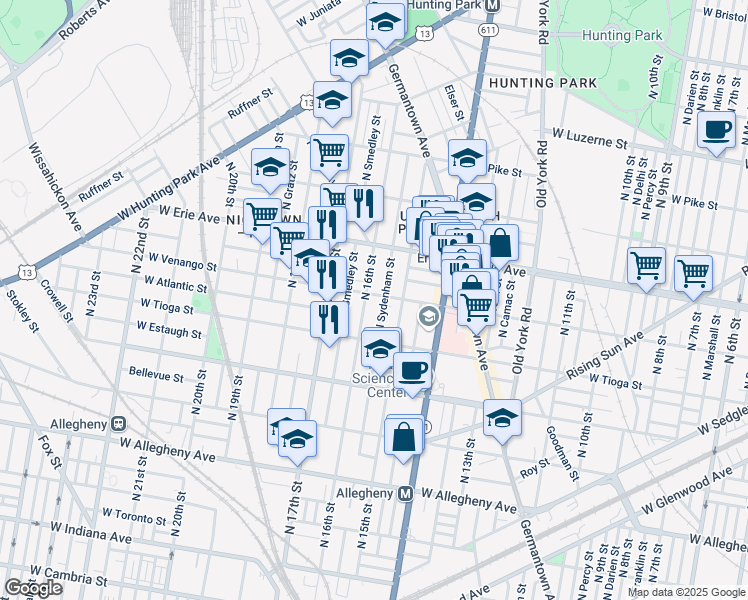 map of restaurants, bars, coffee shops, grocery stores, and more near 1520 West Venango Street in Philadelphia