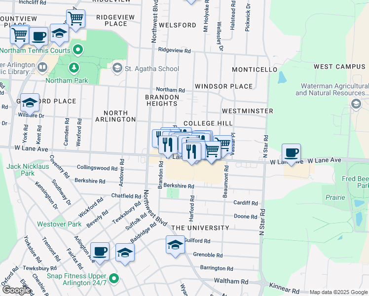 map of restaurants, bars, coffee shops, grocery stores, and more near 2495 Westmont Boulevard in Columbus