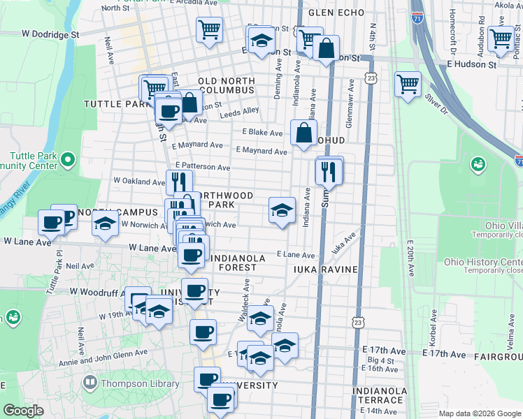 map of restaurants, bars, coffee shops, grocery stores, and more near 205 East Northwood Avenue in Columbus