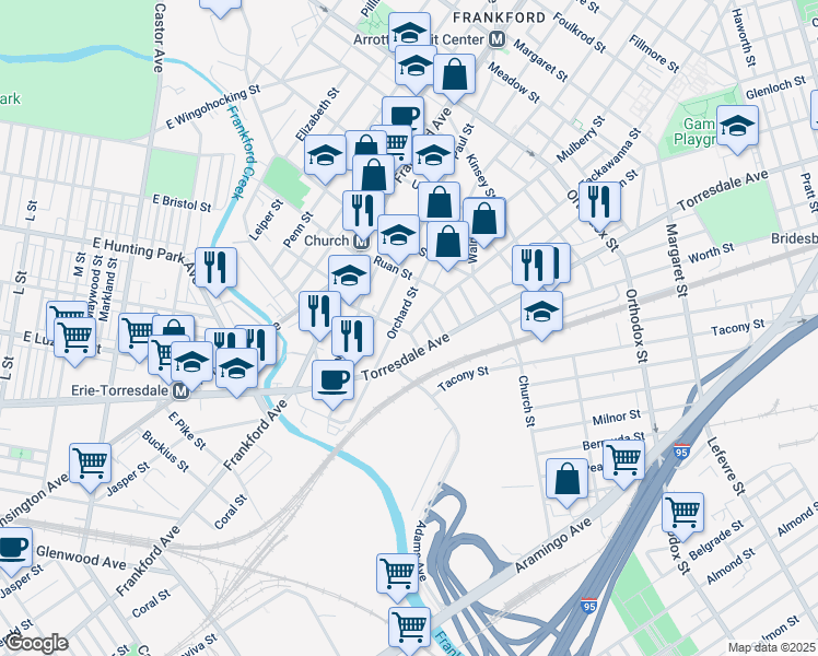 map of restaurants, bars, coffee shops, grocery stores, and more near 4204 Tackawanna Street in Philadelphia