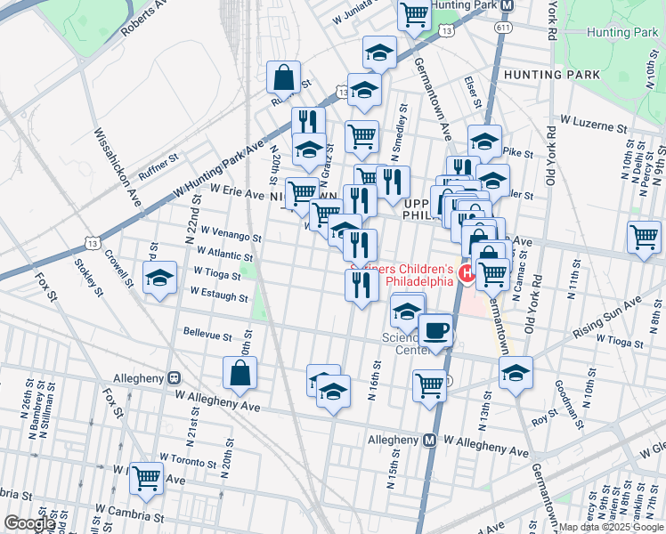 map of restaurants, bars, coffee shops, grocery stores, and more near 3509 North 18th Street in Philadelphia