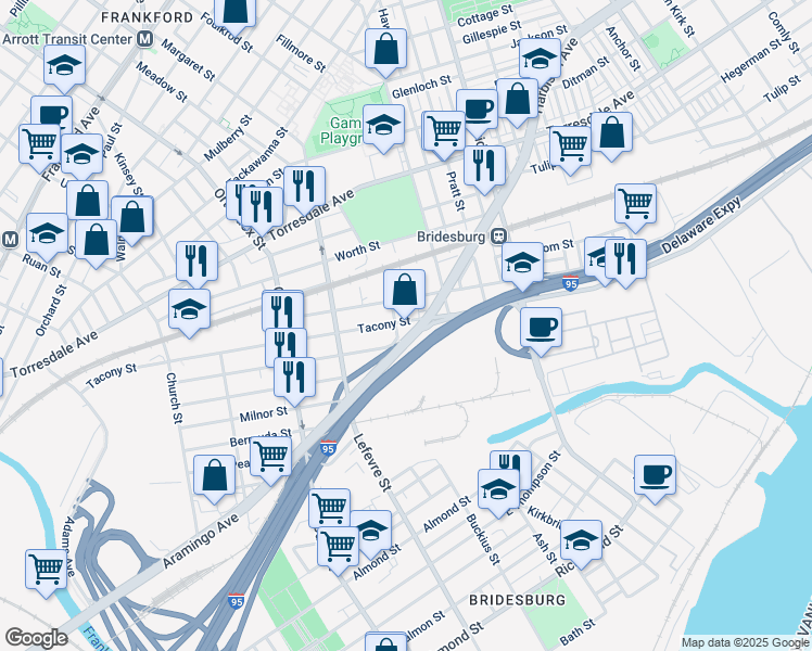 map of restaurants, bars, coffee shops, grocery stores, and more near 4801 Tacony Street in Philadelphia