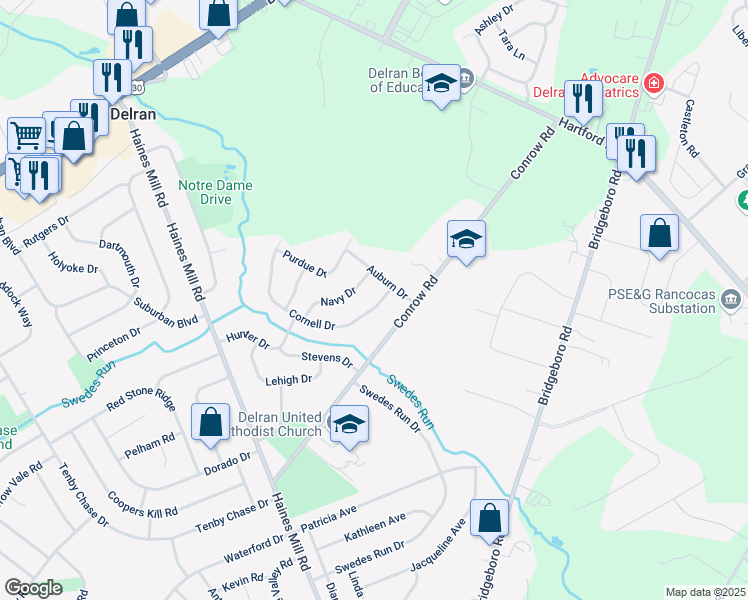 map of restaurants, bars, coffee shops, grocery stores, and more near 61 Cornell Drive in Delran