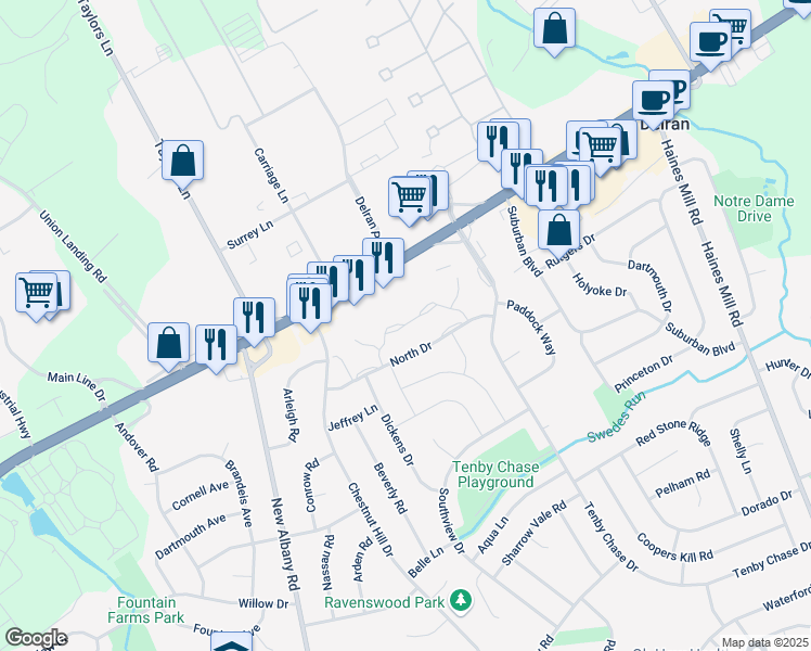 map of restaurants, bars, coffee shops, grocery stores, and more near Tenbytowne Apartments Road in Delran