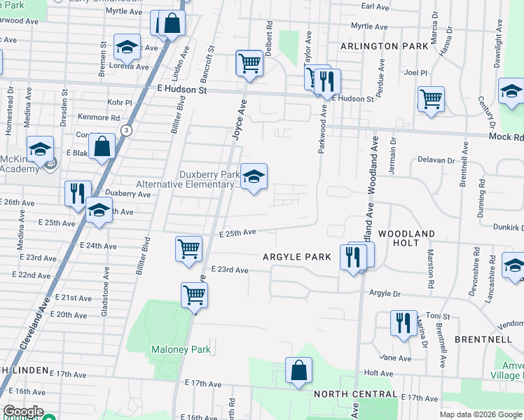 map of restaurants, bars, coffee shops, grocery stores, and more near 1810 East 26th Avenue in Columbus