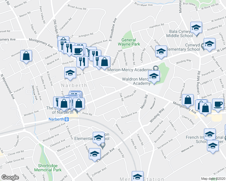 map of restaurants, bars, coffee shops, grocery stores, and more near 509 Haverford Avenue in Narberth