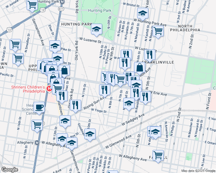map of restaurants, bars, coffee shops, grocery stores, and more near 816 West Erie Avenue in Philadelphia