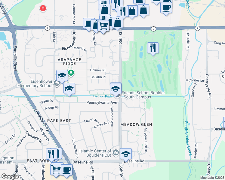 map of restaurants, bars, coffee shops, grocery stores, and more near 5423 Centennial Trail in Boulder