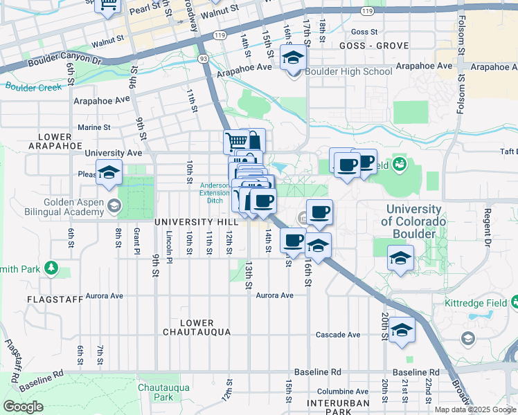 map of restaurants, bars, coffee shops, grocery stores, and more near 1130 13th Street in Boulder