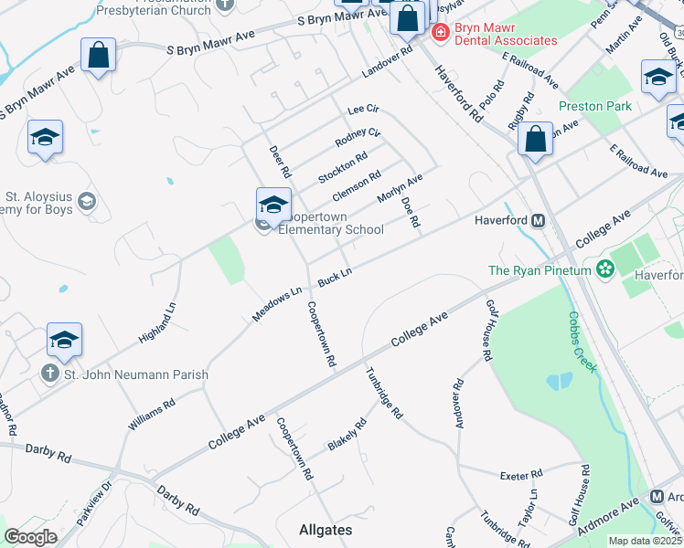 map of restaurants, bars, coffee shops, grocery stores, and more near 16 Buck Lane in Haverford