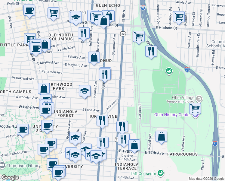 map of restaurants, bars, coffee shops, grocery stores, and more near 371 Alden Avenue in Columbus